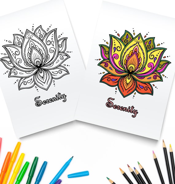 Printable serenity lotus flower waterlilies art digital download serene lotus mandala coloring page