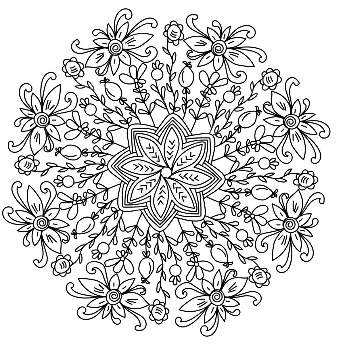 Flower mandala zen coloring page with plant motifs vector season garden monochrome png and vector with transparent background for free download