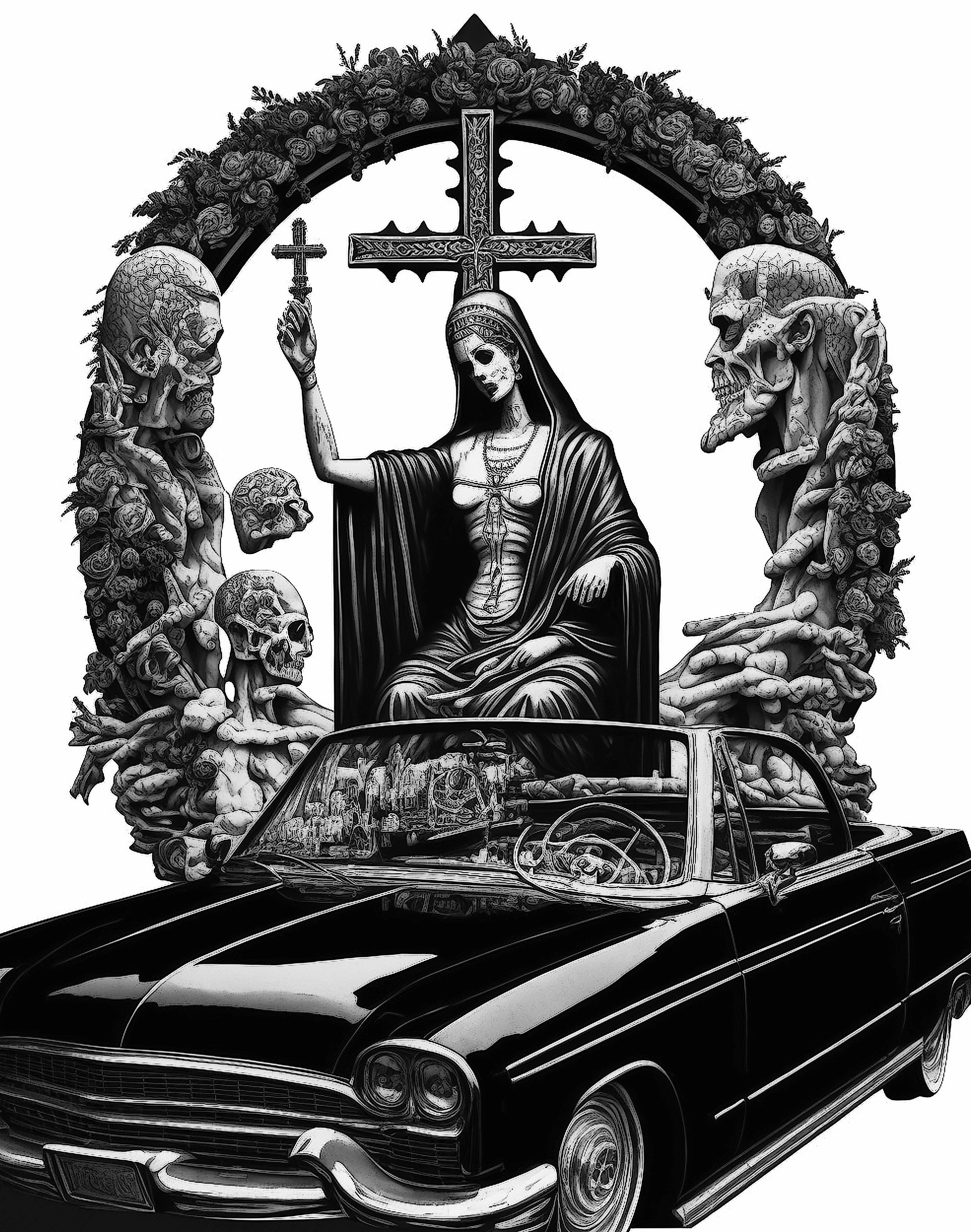 Ghostly virgin mary in a classic car adult coloring page adult coloring sheet of the virgin mary in a lowrider instant digital download