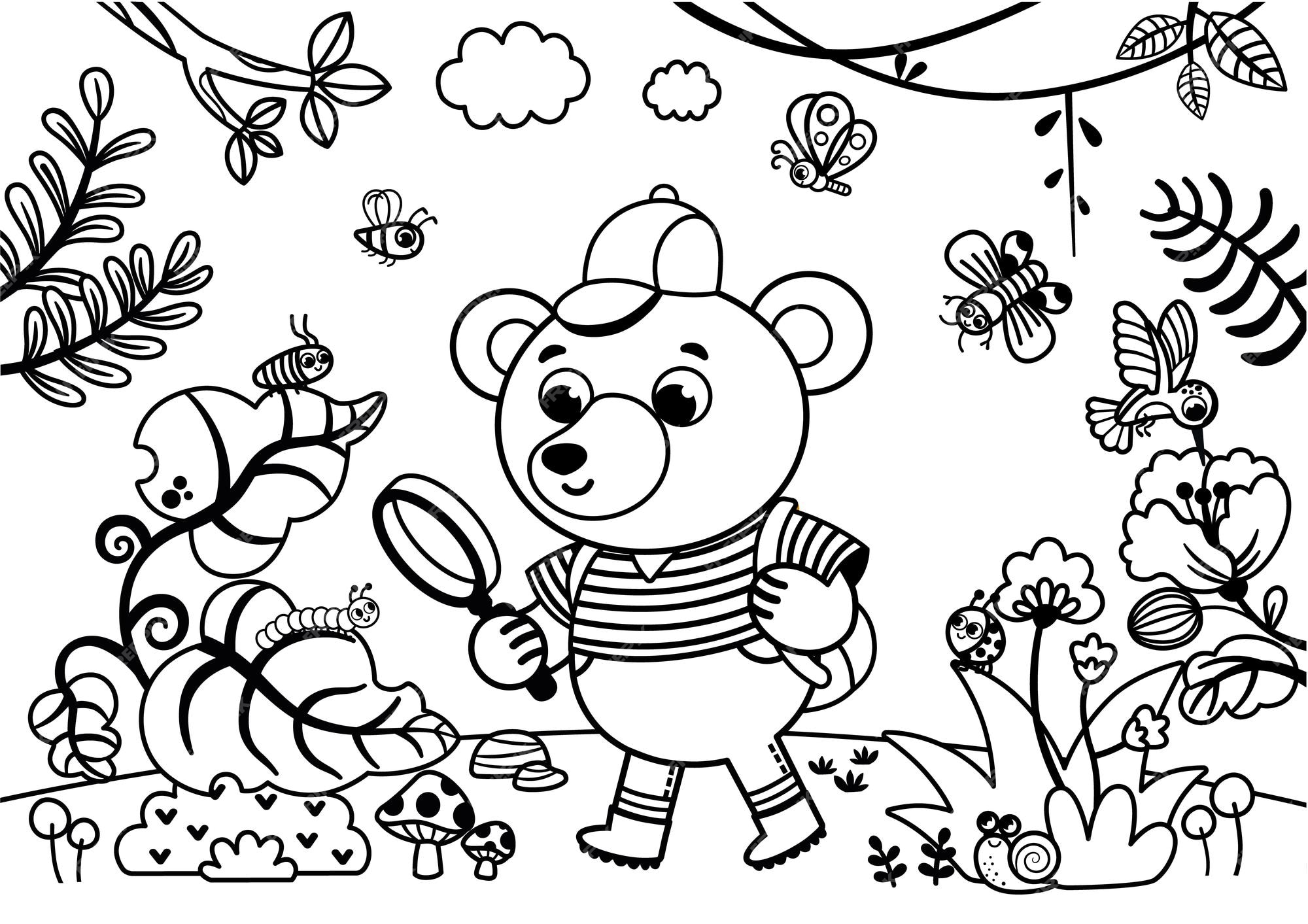 Premium vector coloring page for children cute bear character looking through a magnifying glass at a caterpillar