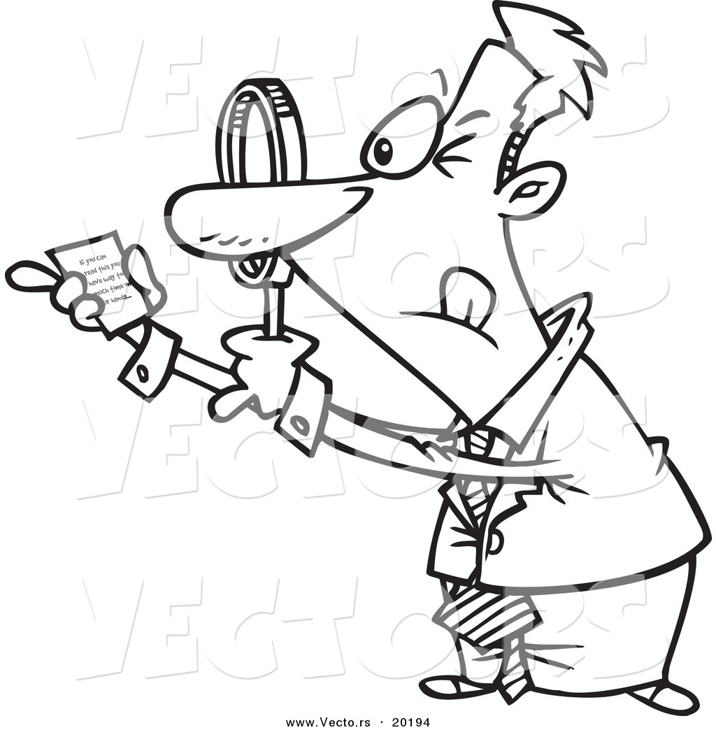 R of a cartoon businessman using a magnifying glass to read the fine print