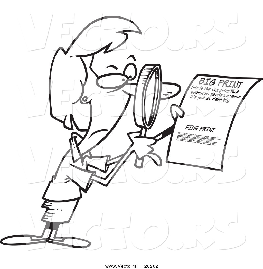 R of a cartoon businesswoman using a magnifying glass to read the fine print