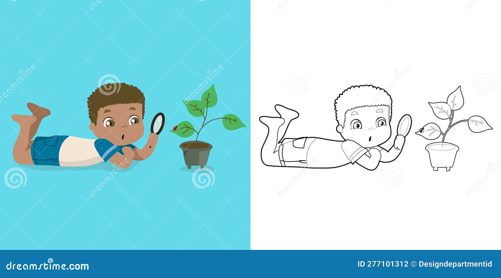 Coloring page outline of a cute curly hair little boy checking the plant with the magnifying glass stock vector