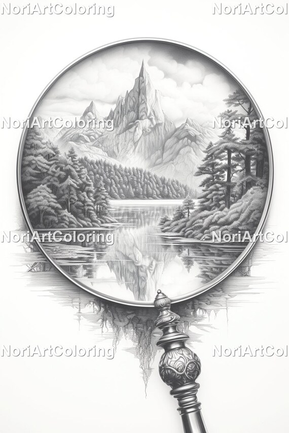 Under the magnifying glass grayscale coloring pages printable adult coloring pages download grayscale illustration