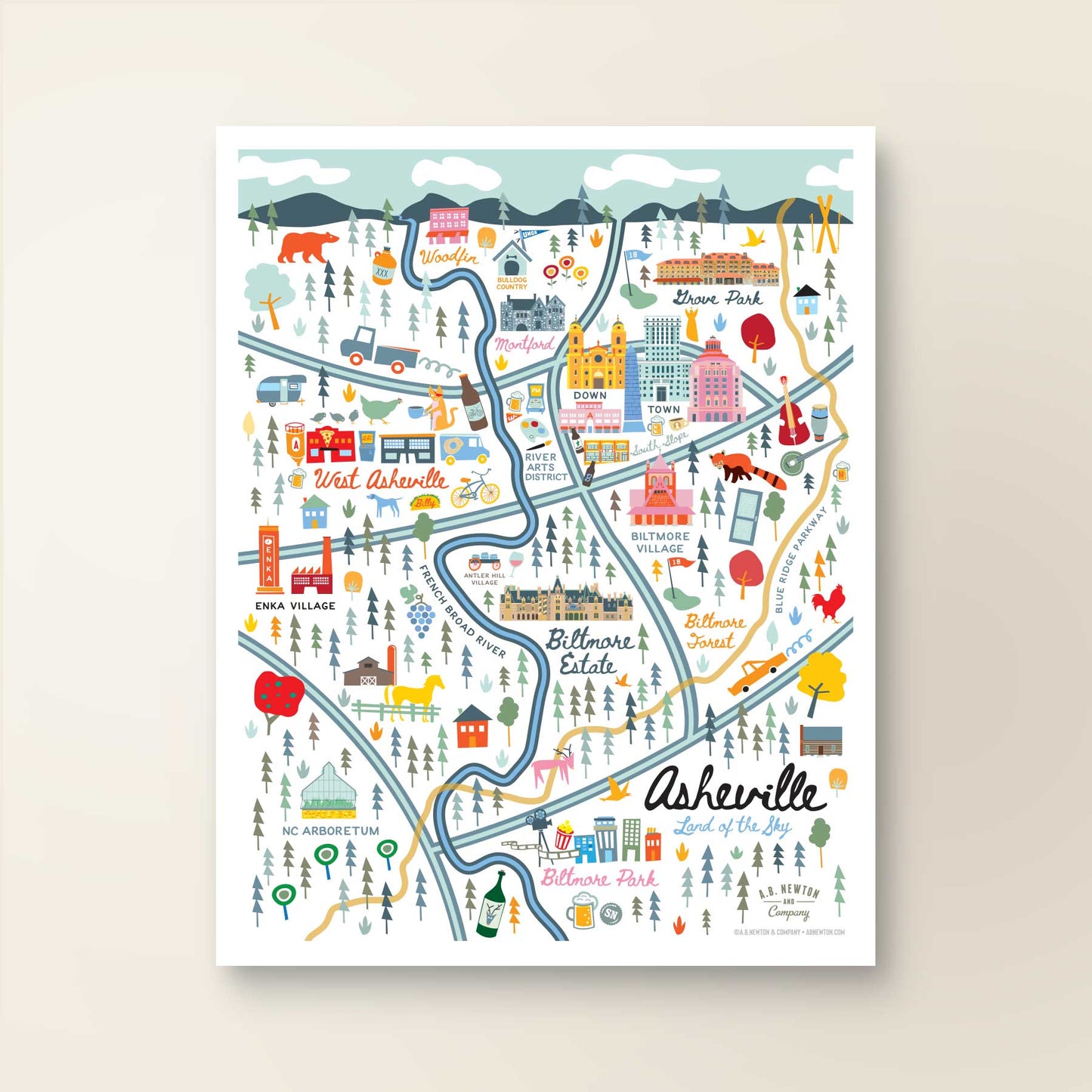Asheville nc city series map art print
