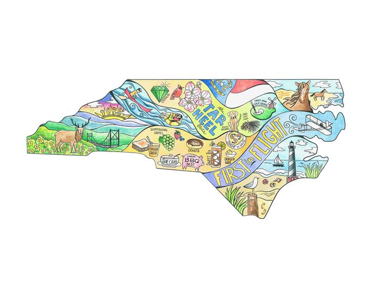North carolina state map print watercolor and ink north