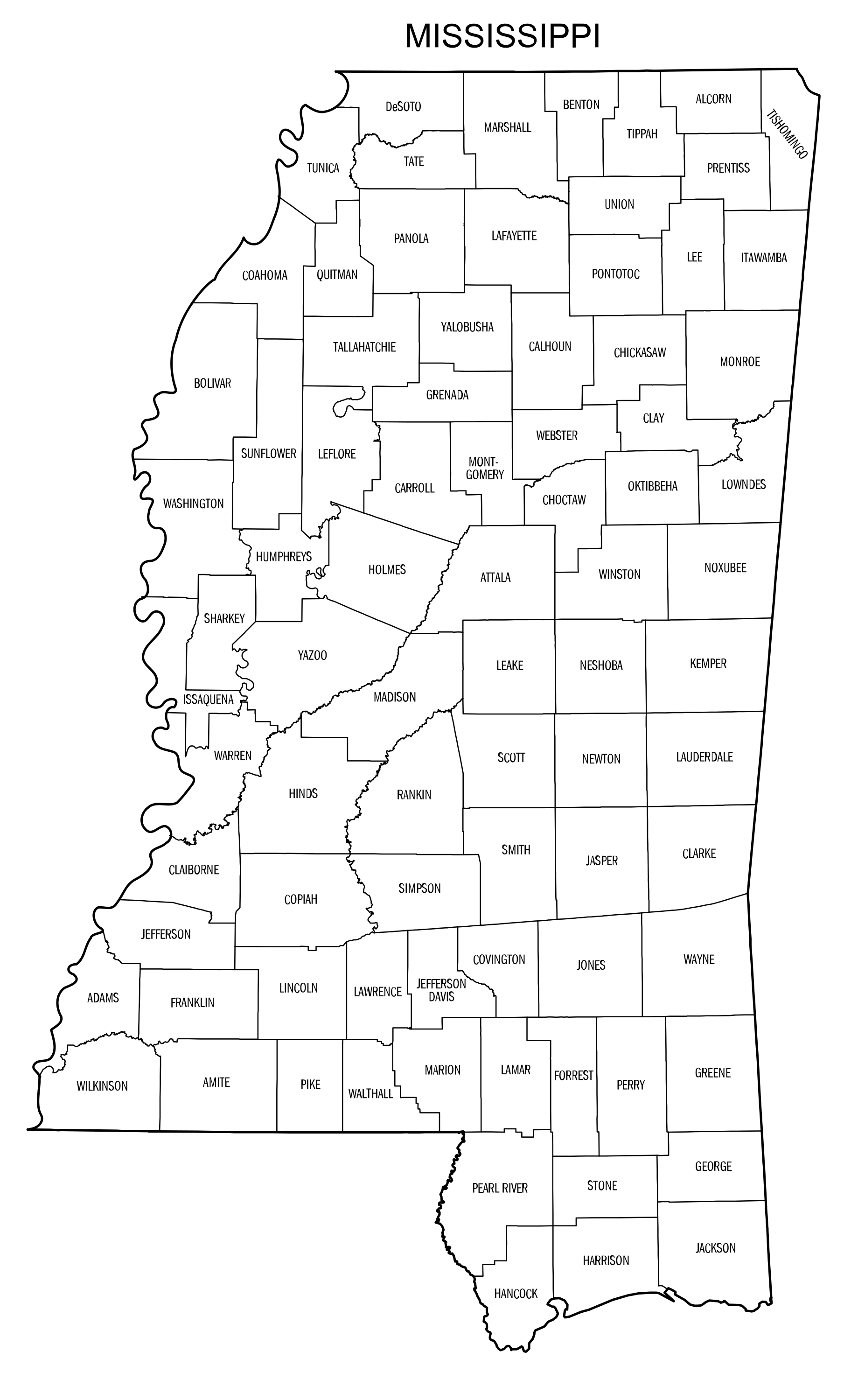 Mississippi county map printable state map with county lines â diy projects patterns monograms designs templates