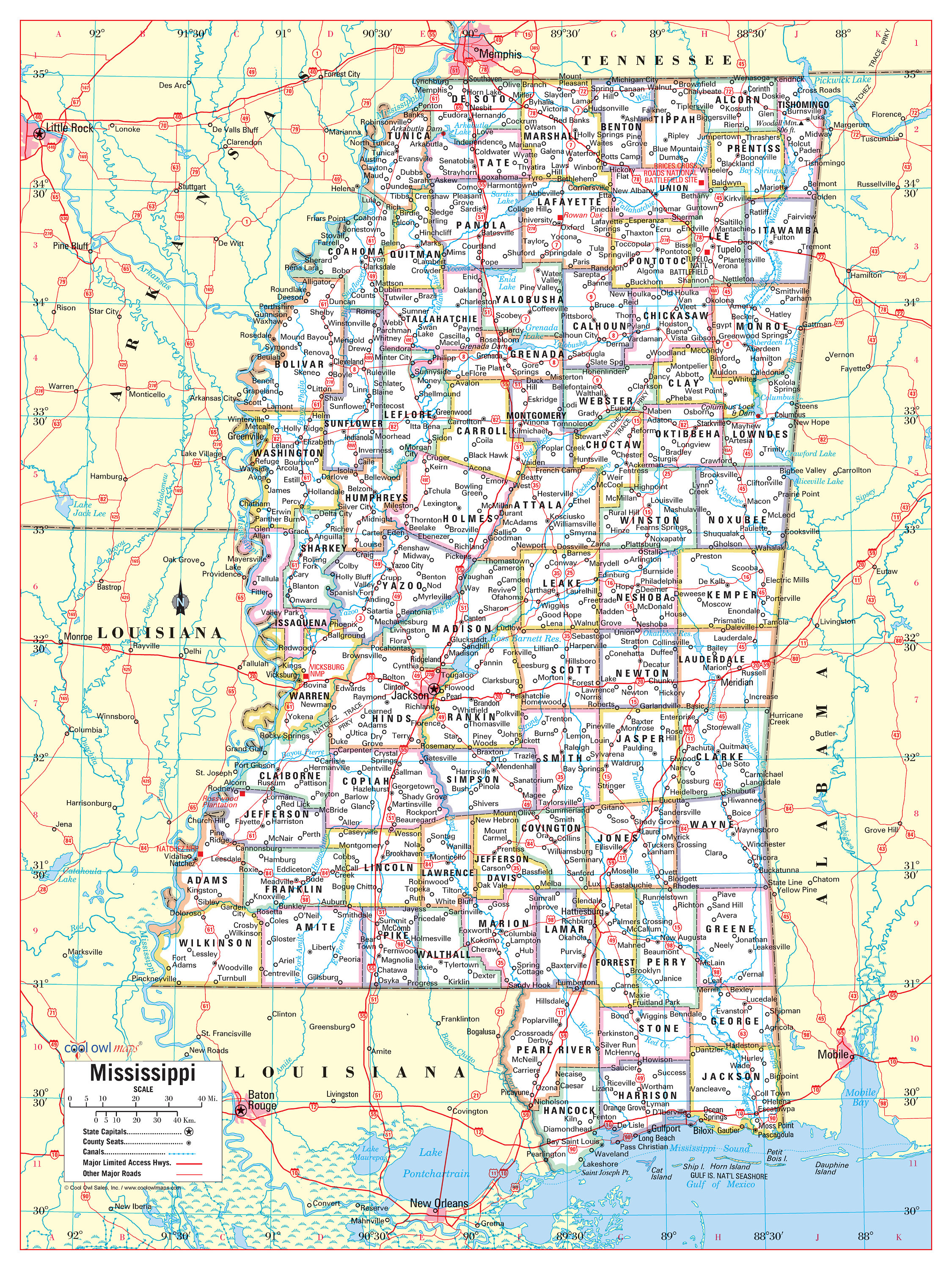 Mississippi state wall map large print poster