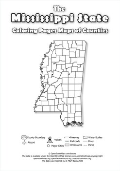 Mississippi state coloring pages map of counties highlighting rivers lakes citie