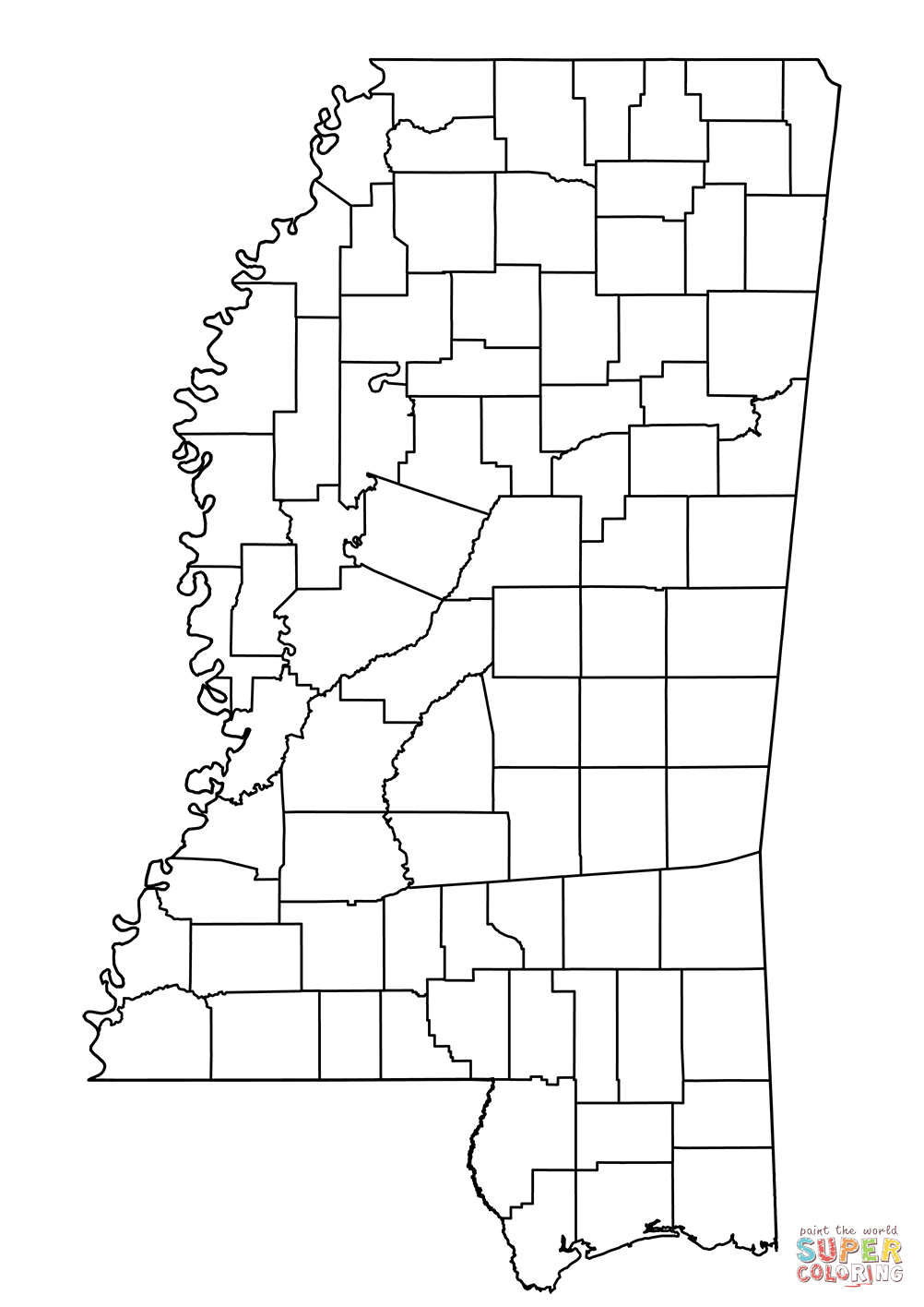 Outline map of mississippi counties coloring page free printable coloring pages