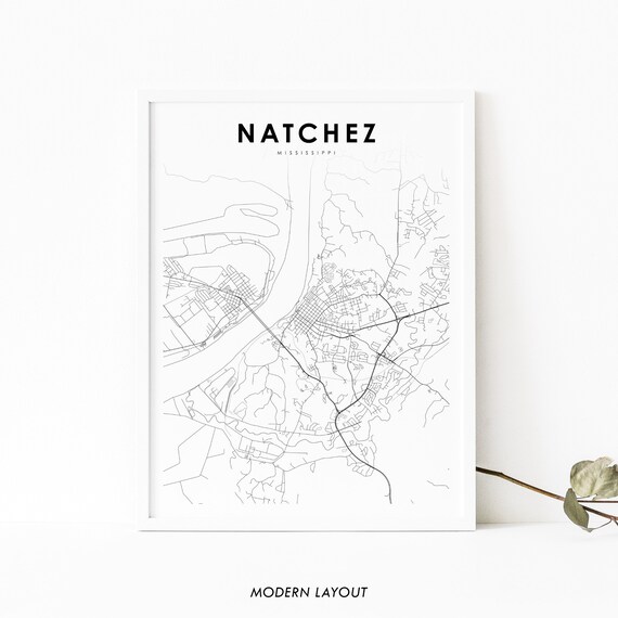 Natchez ms map print mississippi usa map art poster adams county city street road map print nursery room office wall decor printable map