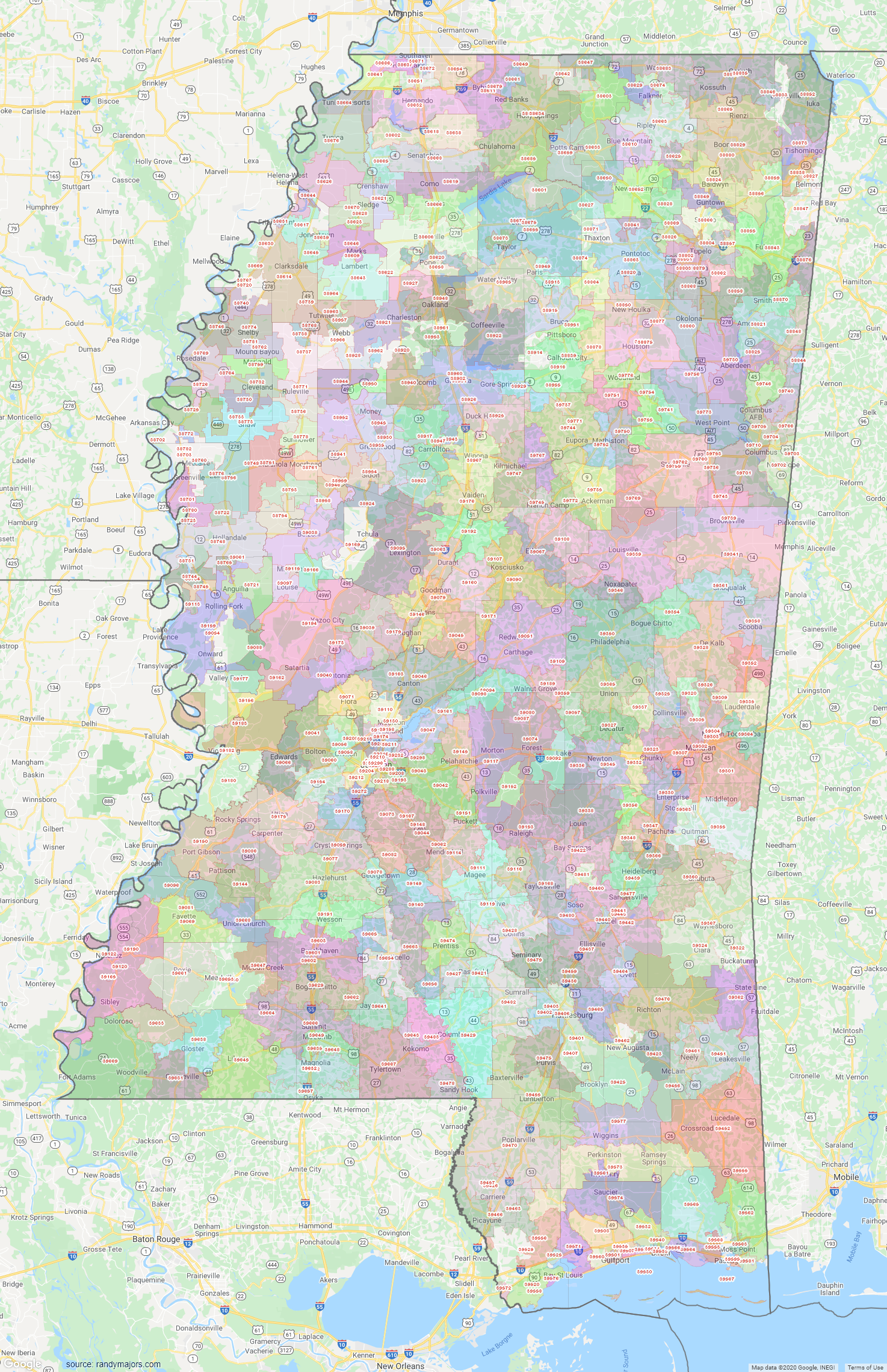 Mississippi zip codes â shown on google maps