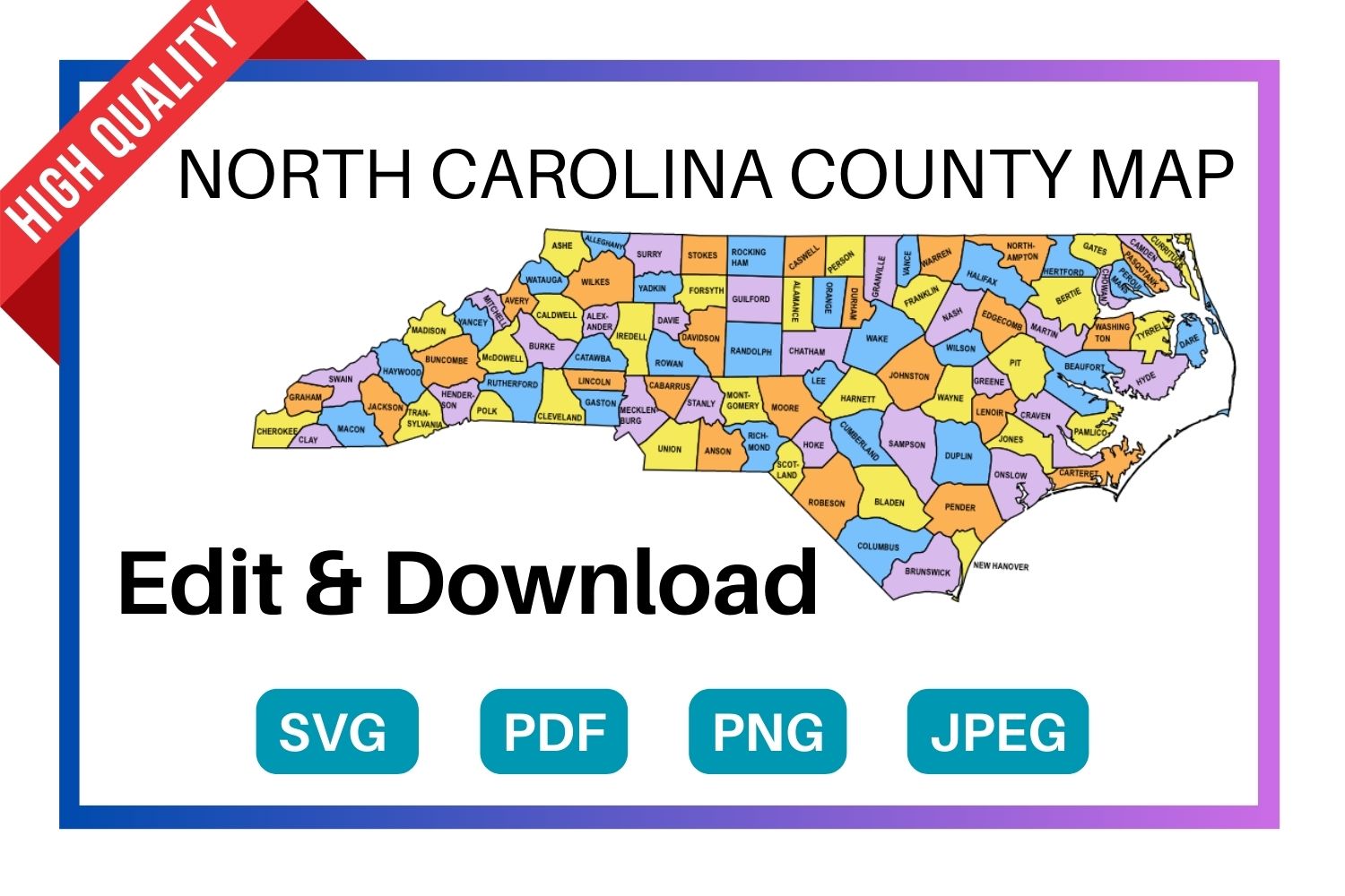 North carolina county map editable printable state county maps