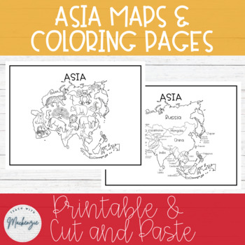 Asia maps and coloring sheets black and white cut paste printable