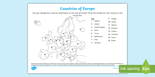 Locating untries of europe map worksheet teacher made