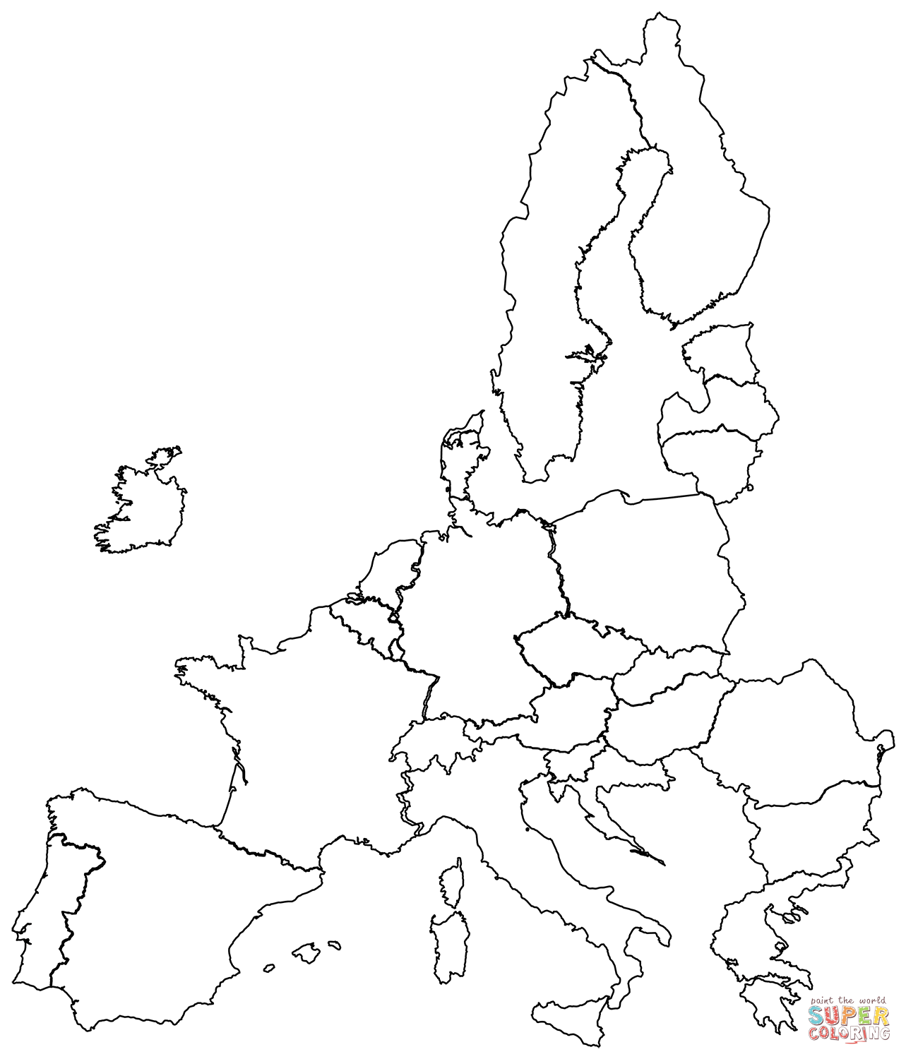 Outline map of european union with countries coloring page free printable coloring pages