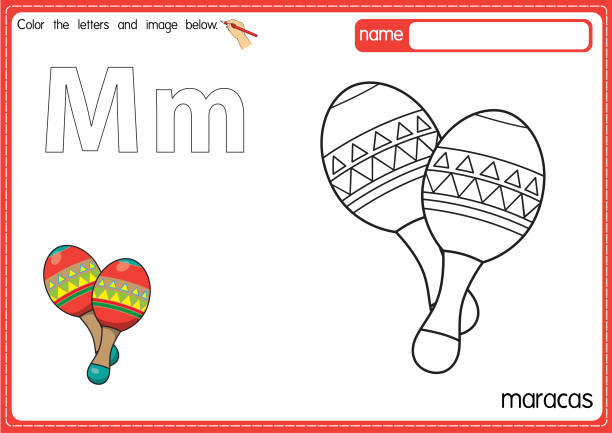 Vector illustration of kids alphabet coloring book page with outlined clip art to color letter m for maracas stock illustration