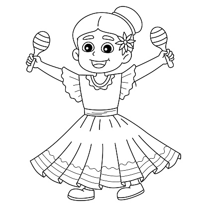 Mexican girl with maracas isolated coloring page stock illustration