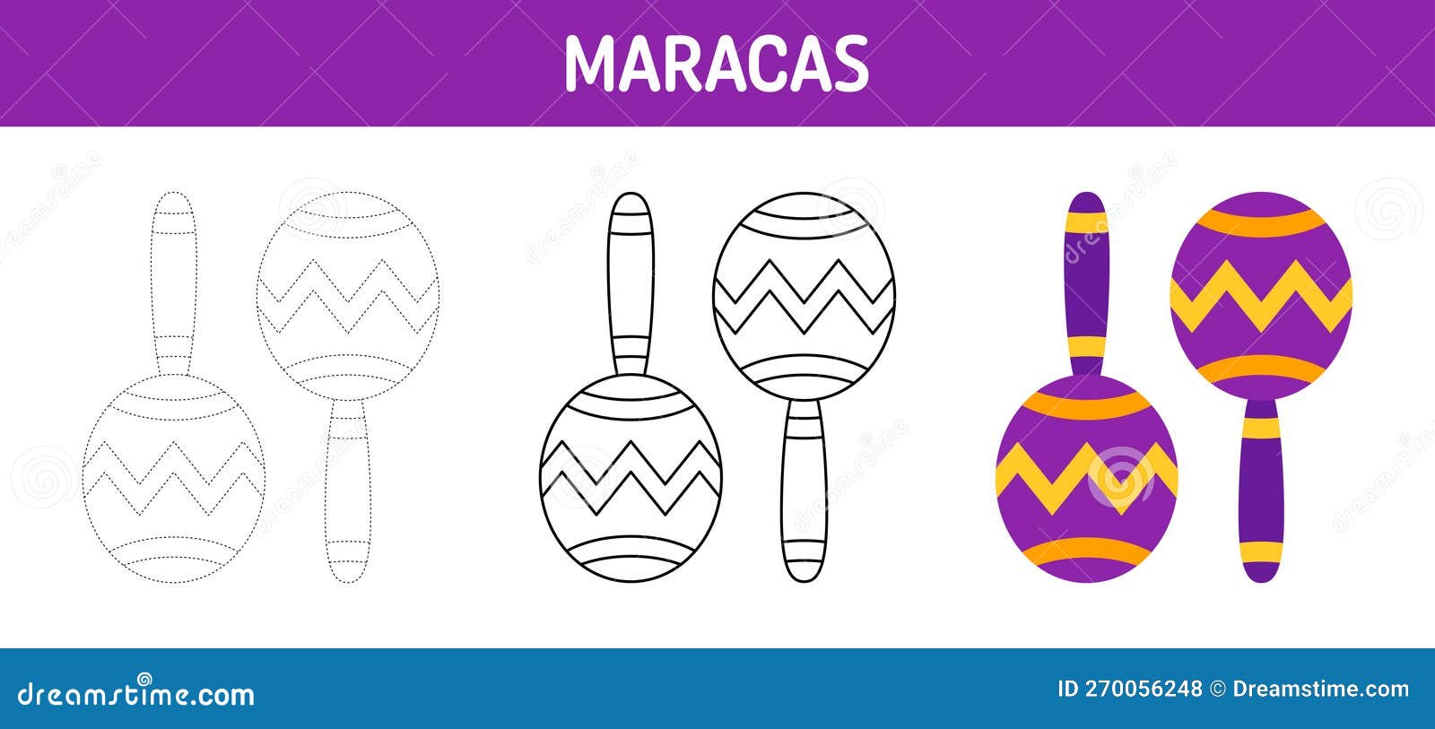 Maracas tracing and coloring worksheet for kids stock vector