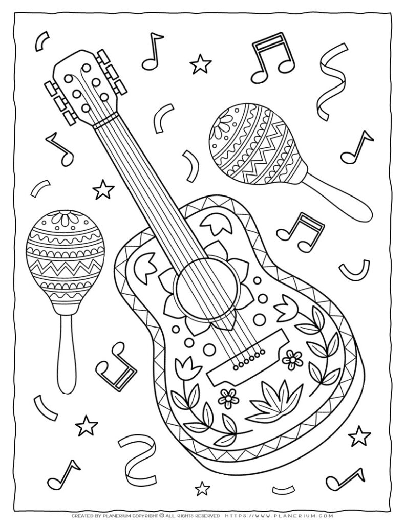 Celebrate cinco de mayo with our guitar and maracas coloring page for kids