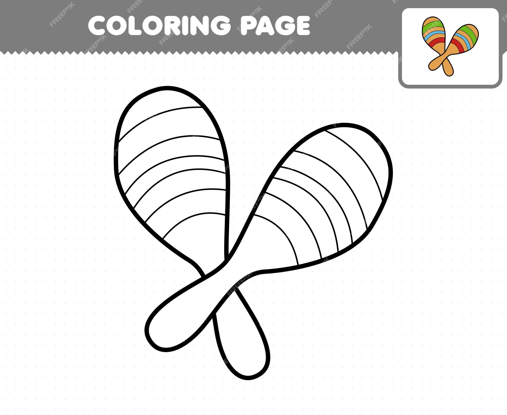 Premium vector education game for children coloring page cartoon music instrument maracas printable worksheet
