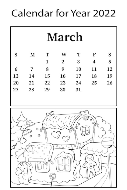 Premium vector calendar for month of march vector coloring book gingerbread house fairy tale for children