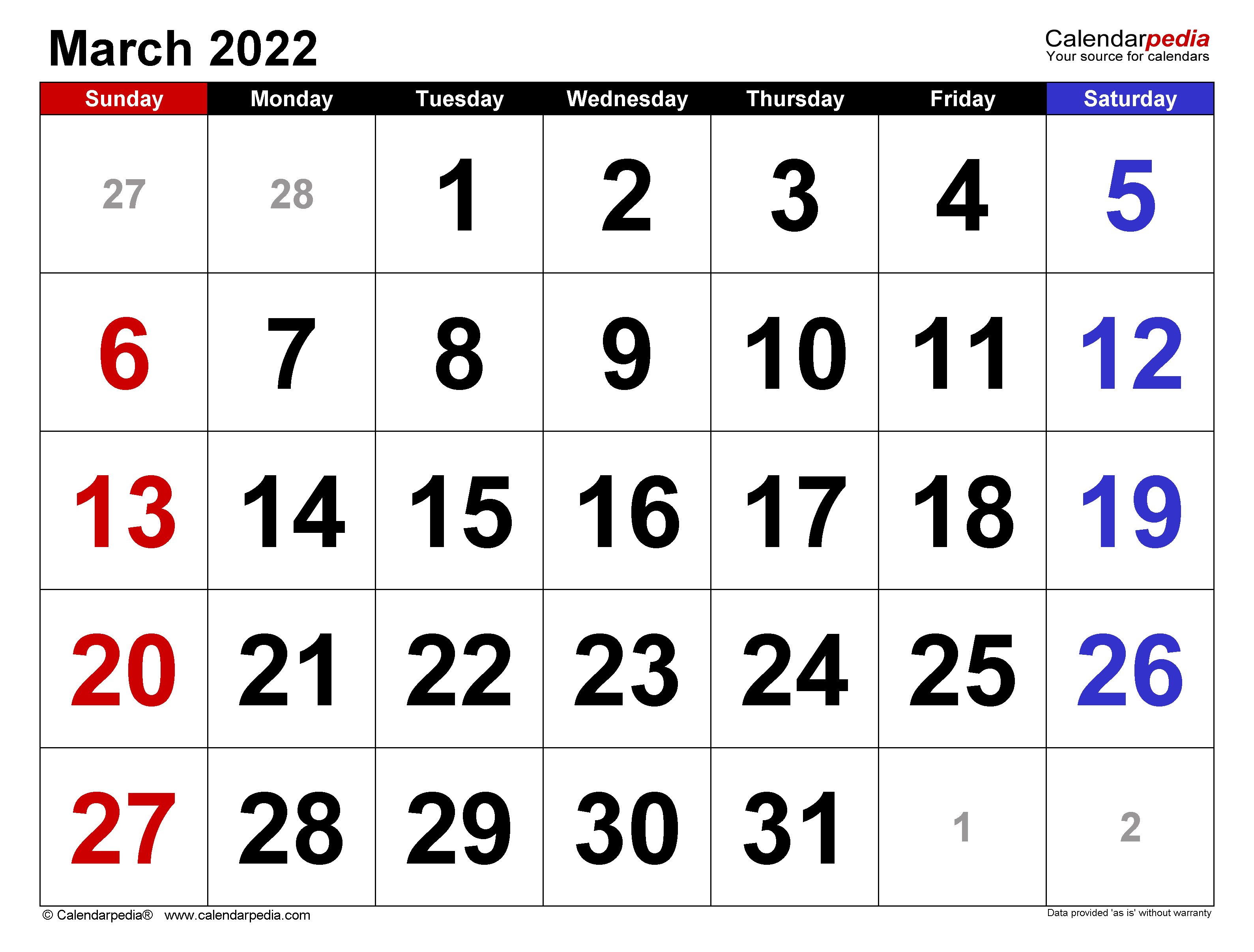 March calendar templates for word excel and pdf