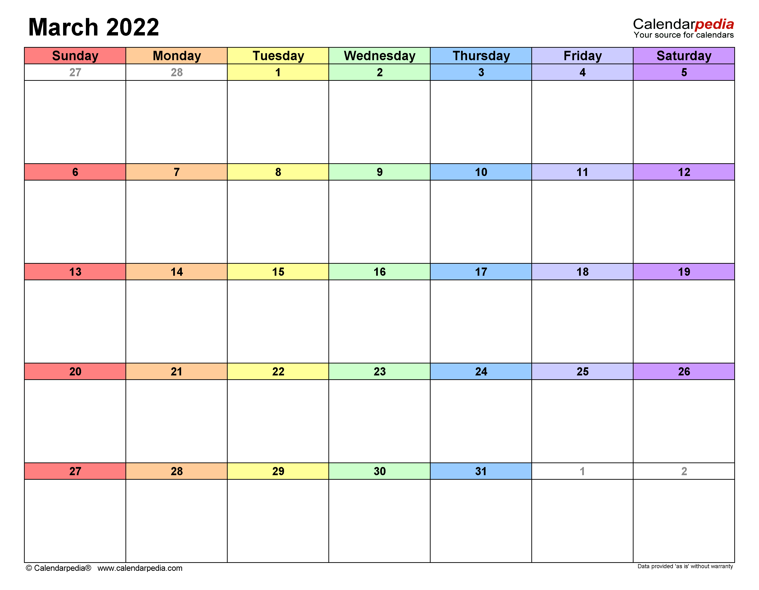 March calendar templates for word excel and pdf
