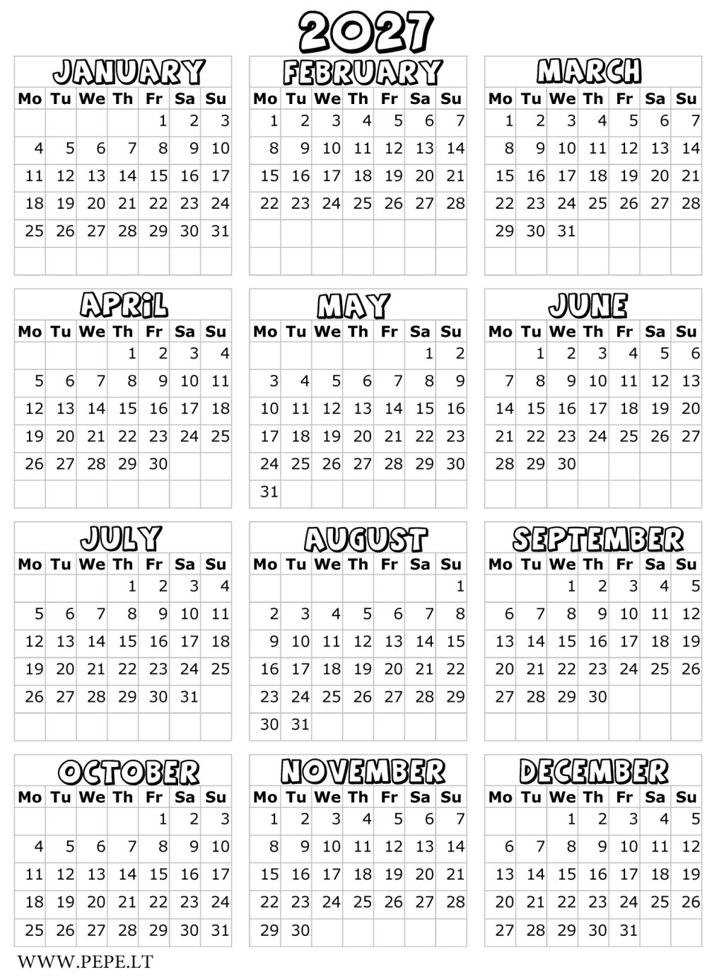 Calendar coloring page