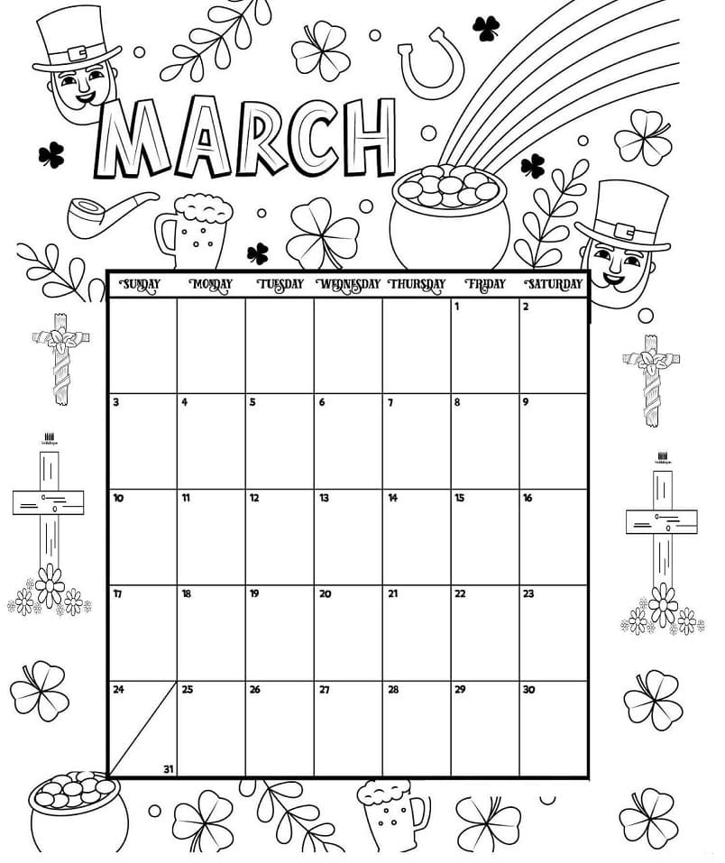 March calendar coloring page