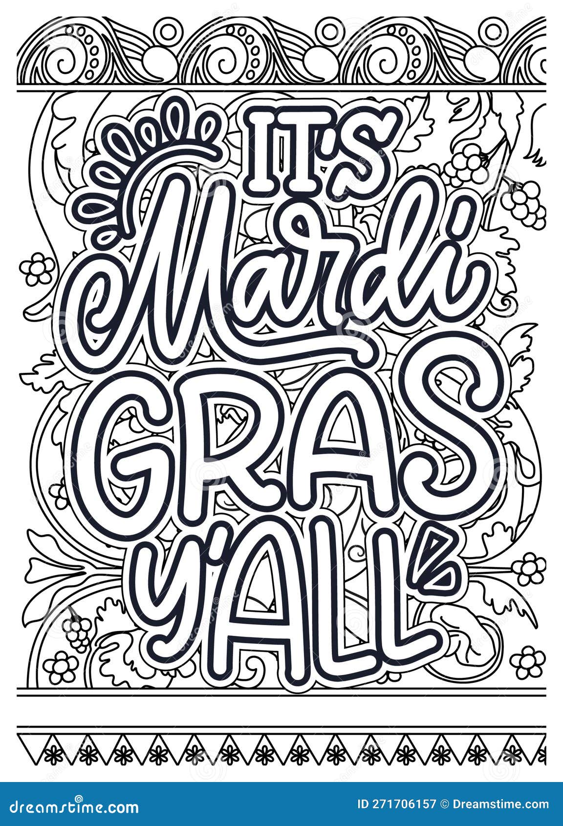 Mardi gras motivational quote coloring pages for adults mardi gras coloring page design stock illustration