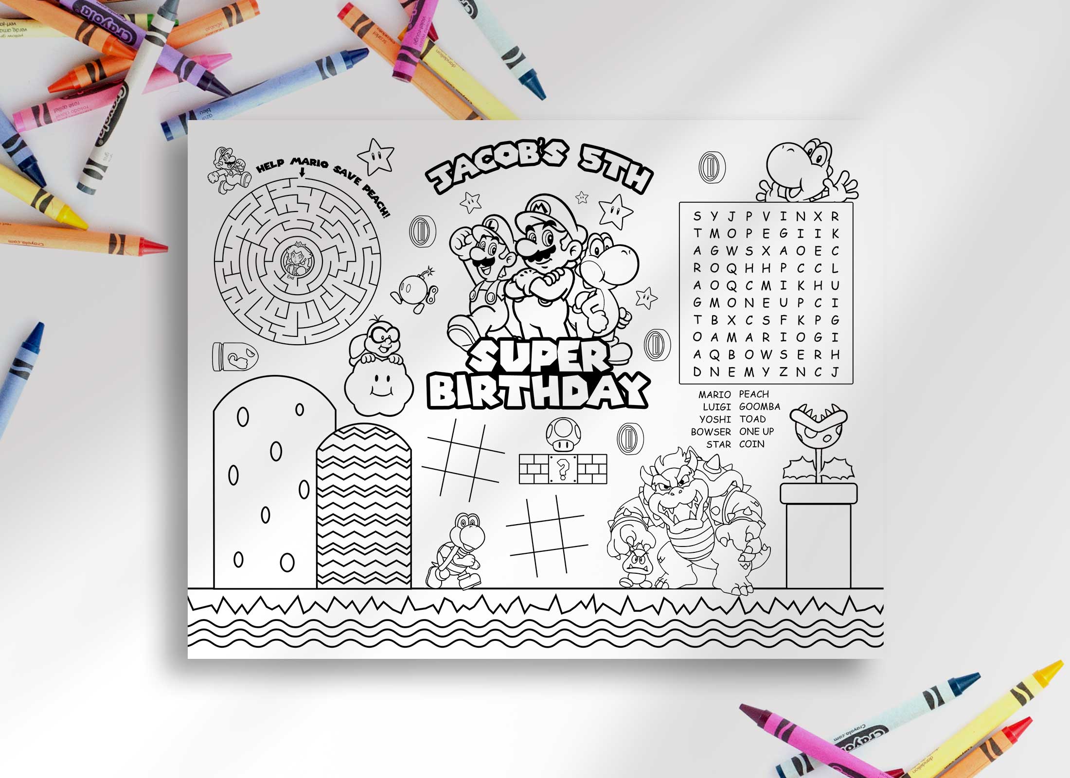 Super mario birthday coloring placemat â helia design co