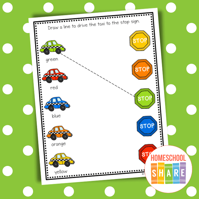Car color matching worksheets