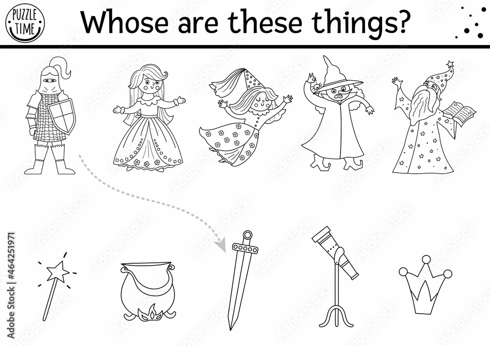 Black and white fairytale matching activity with cute characters magic kingdom coloring page with knight fairy princess match the objects printable worksheet game whose are these things vector