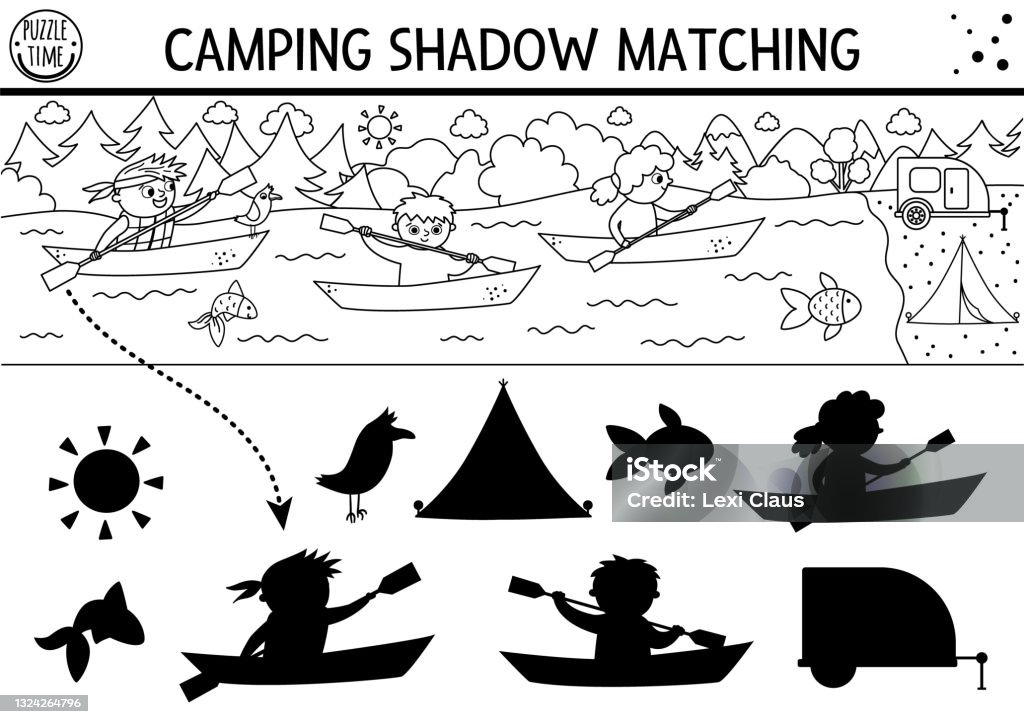 Summer camp black and white shadow matching activity with cute children on boats road trip outline puzzle with kayaking kids find the correct silhouette printable worksheet or coloring page stock illustration