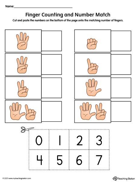 Finger counting number match printable worksheet color
