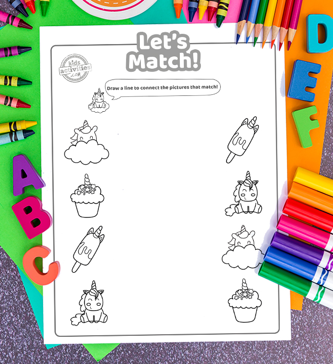 Fun printable unicorn matching worksheet for preschoolers kids activities blog