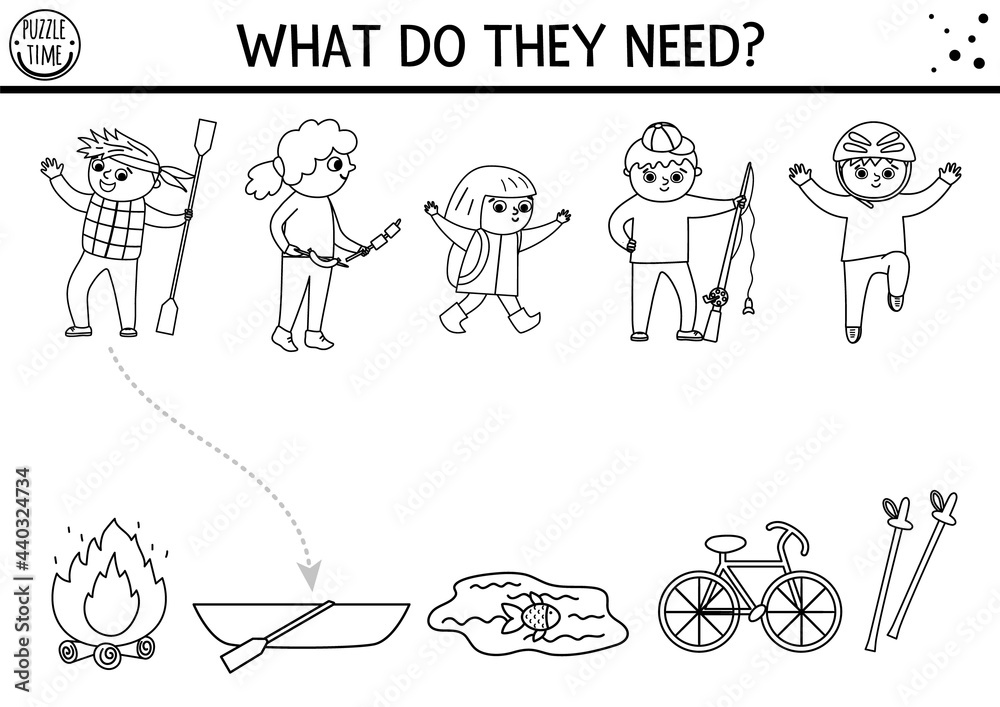 Black and white summer camp matching activity with cute children family nature trip outline puzzle kids with paddle rod helmet find the correct object printable worksheet or coloring page vector