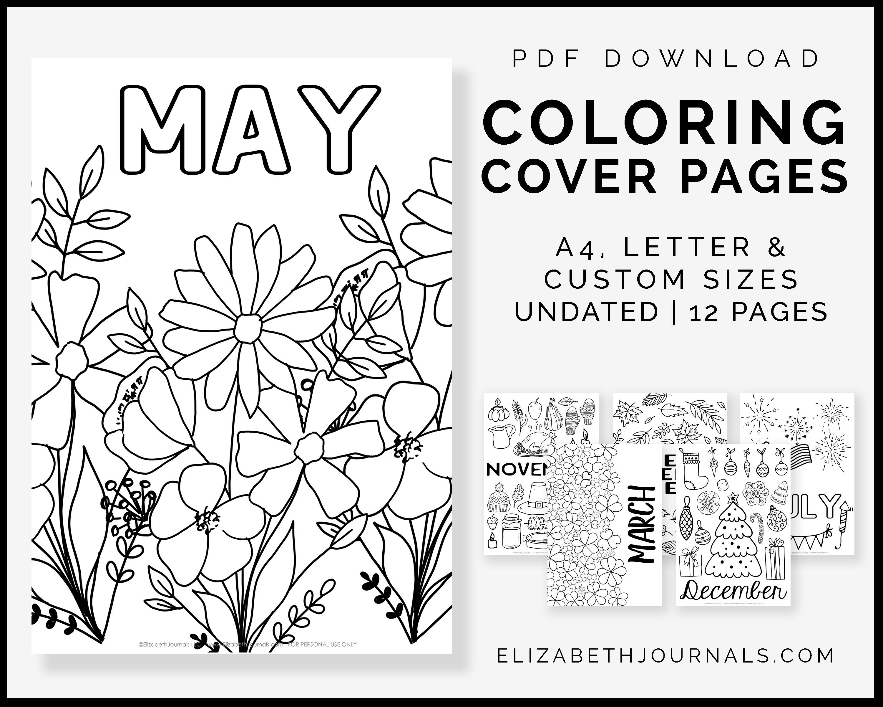 Coloring monthly cover pages printable planner digital bullet journal a letter sizes undated pdf download coloring book