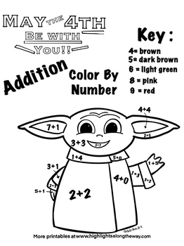 May the th be with you color by number simple addition activity sheet yoda