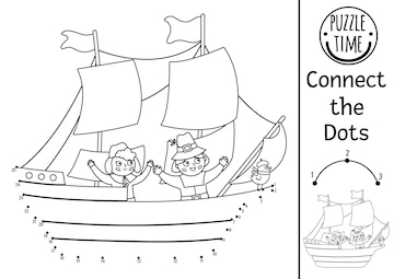 Premium vector vector dottodot and color activity with mayflower ship and pilgrims thanksgiving historical connect the dots game or coloring page for kids autumn holiday printable worksheet fall quizxa