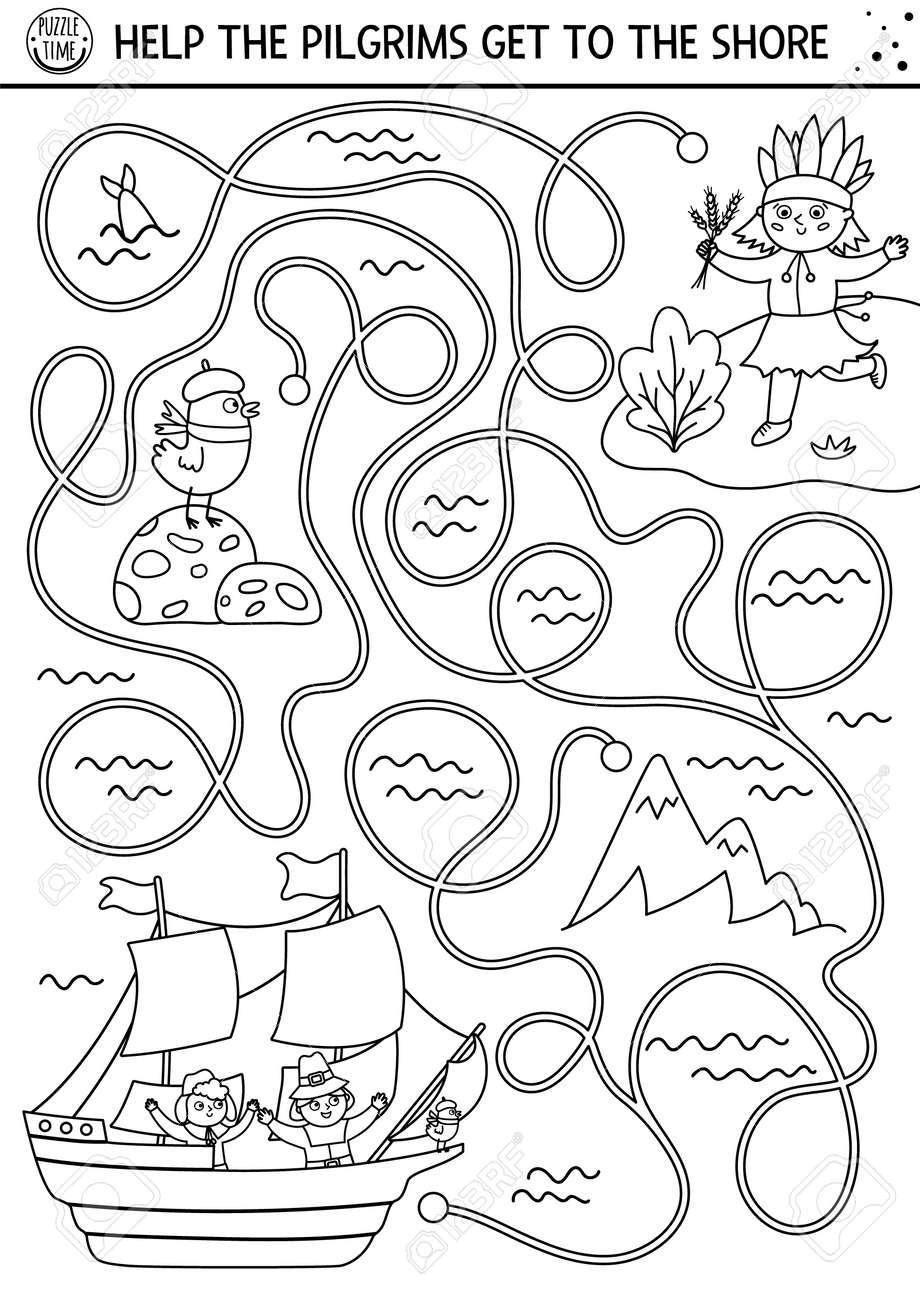 Thanksgiving day black and white maze for children autumn line holiday preschool printable activity fall outline labyrinth game or puzzle with first americans sailing on mayflower royalty free svg cliparts vectors and