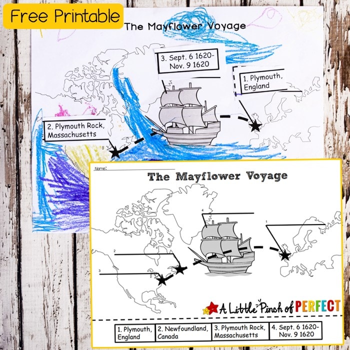 Mayflower voyage color and label map free printable kids activity