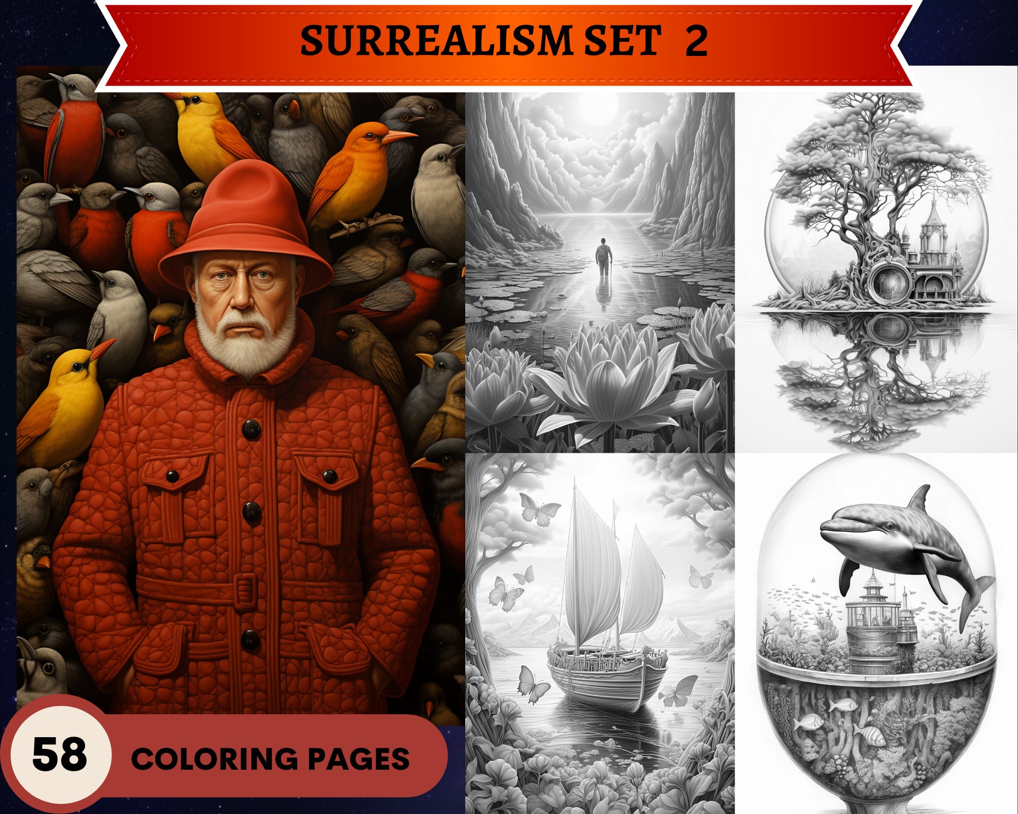 Surrealism set coloring pages printable adult coloring pages download grayscale illustration