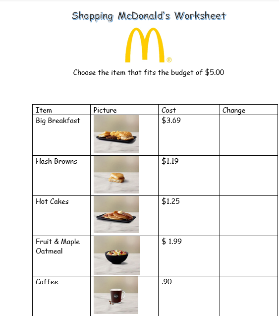 Mcdonalds math worksheet