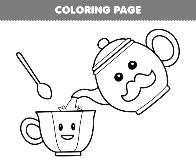 Premium vector education game for children coloring page of cute cartoon cup and teapot line art printable tool worksheet