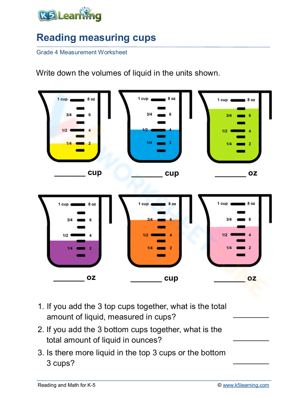 Reading measuring cups worksheet