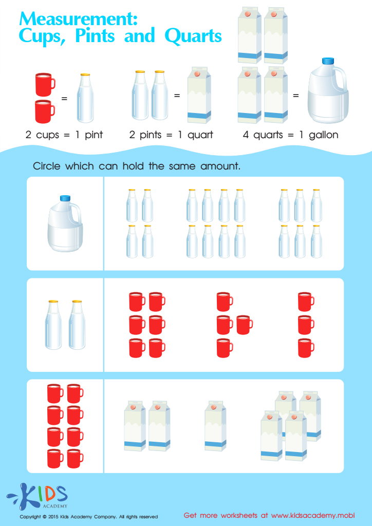 Cups pints and quarts worksheet measurement printable pdf for kids