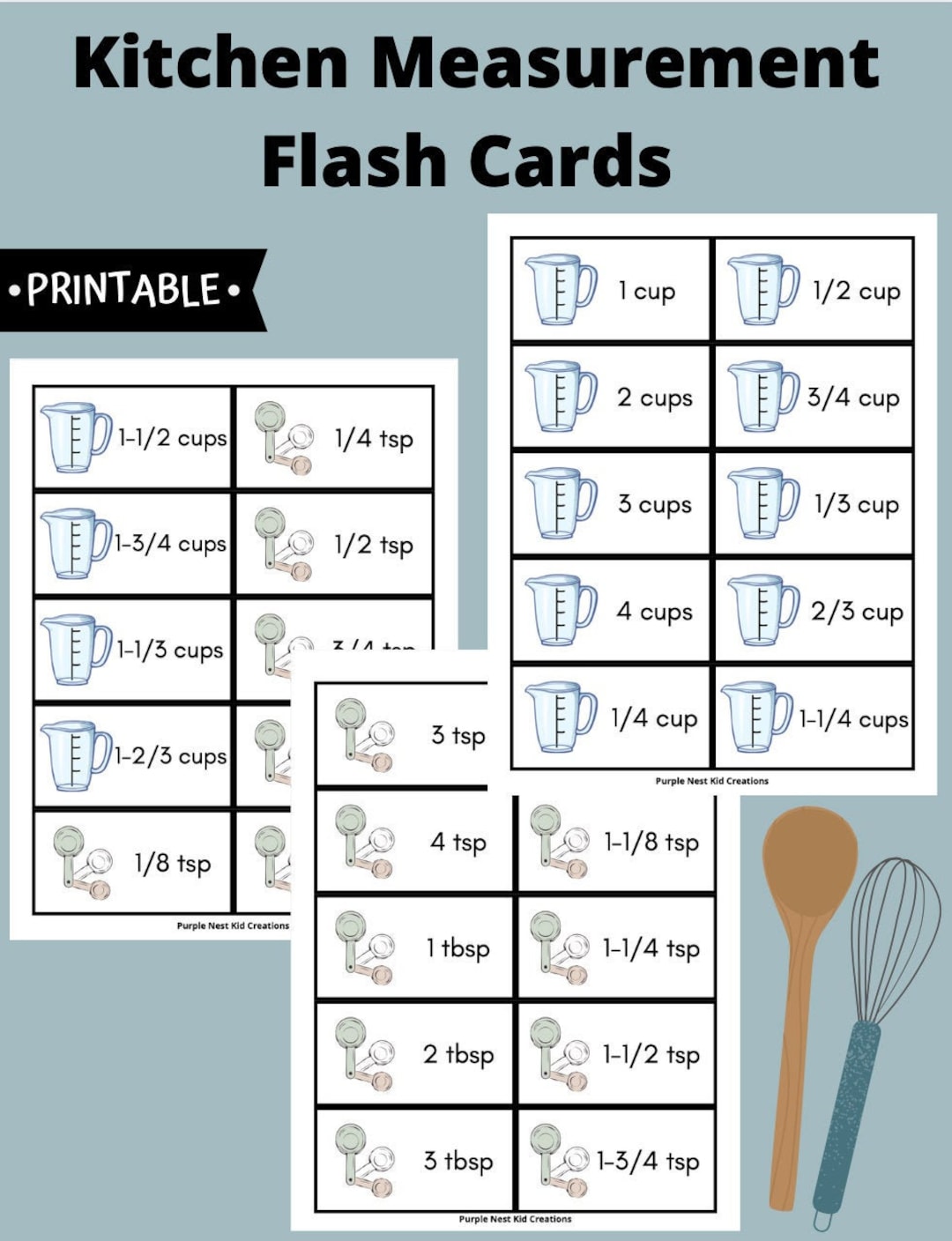 Kitchen measurement flash cards printable cards kitchen tools measuring baking cooking printable preschool kindergarten homeschool