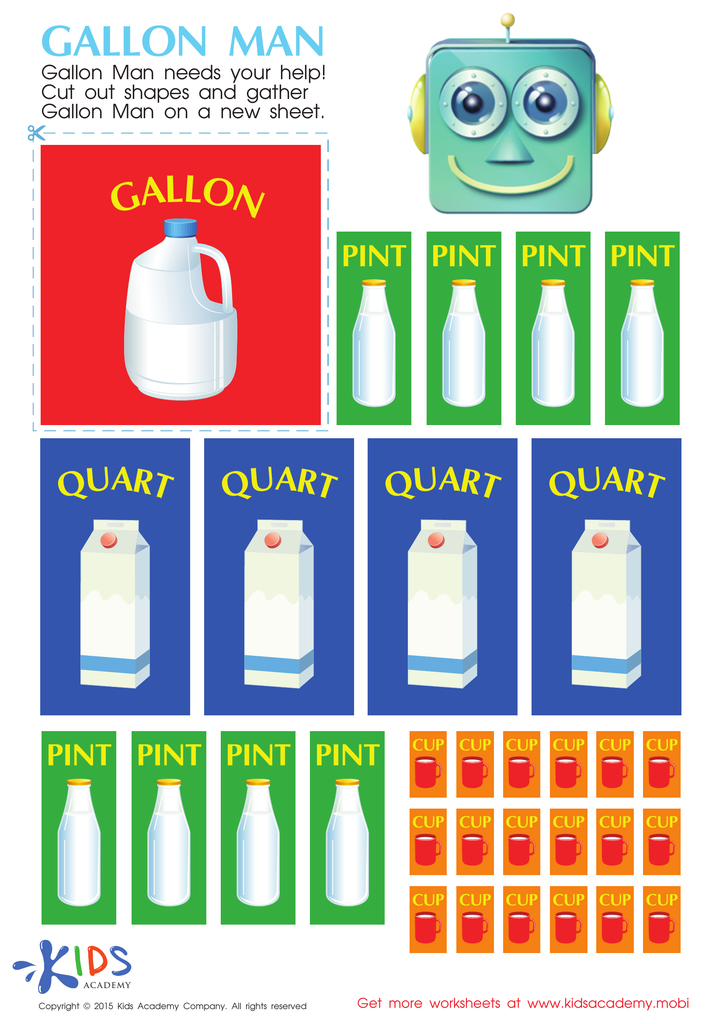Cups pints and quarts with gallon man worksheet math printable pdf for kids